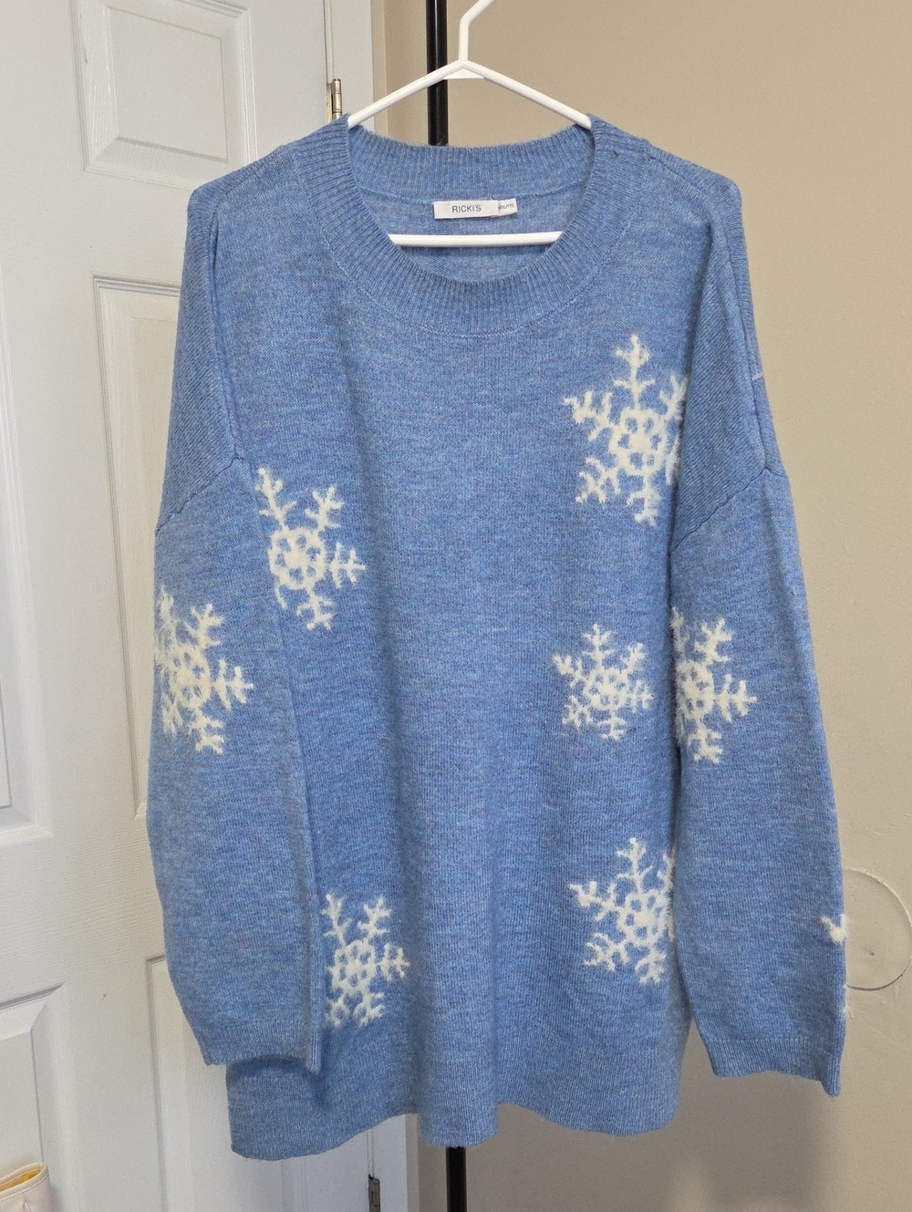 Ricki's Light Blue Crewneck Sweater with White Snowflakes